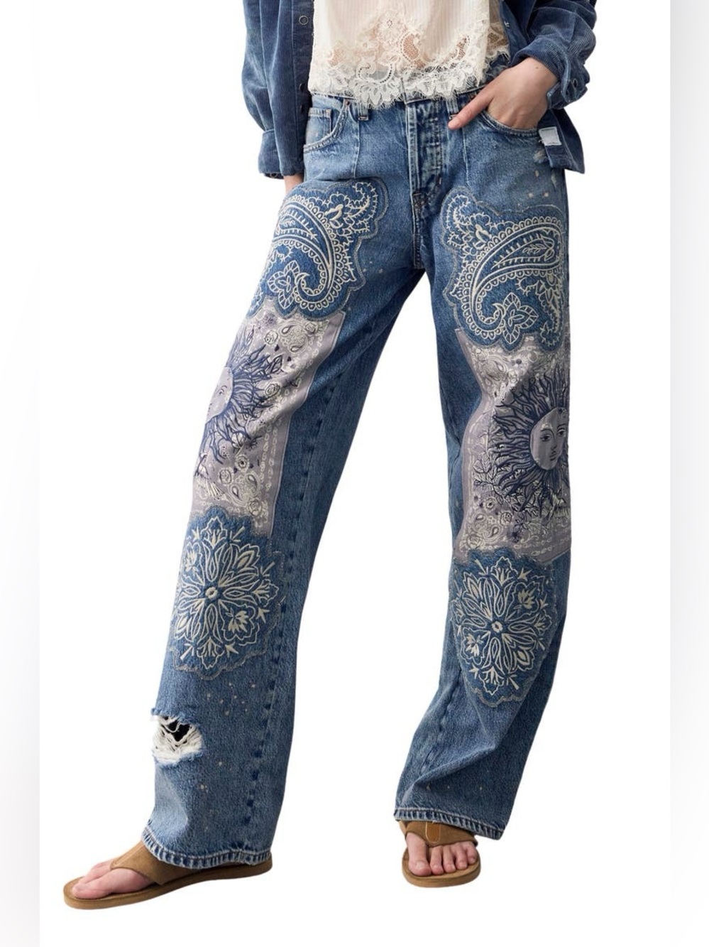 Free People Reverie Patchwork Embroidered Jeans in Vintage Soul